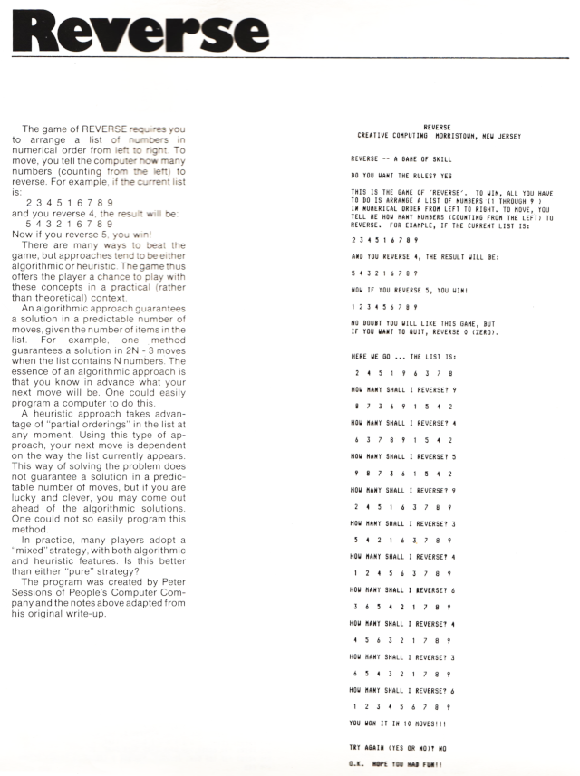 Description and sample execution of BASIC Reverse game from 1970