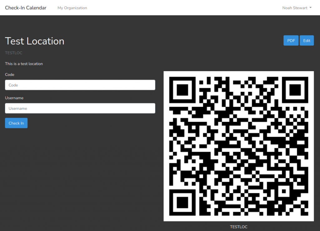 Screenshot of the checkin form and QR code