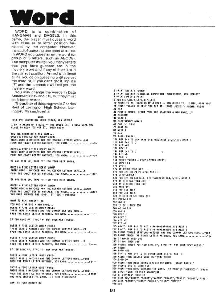 Description, code and sample execution of BASIC Word game from 1970 