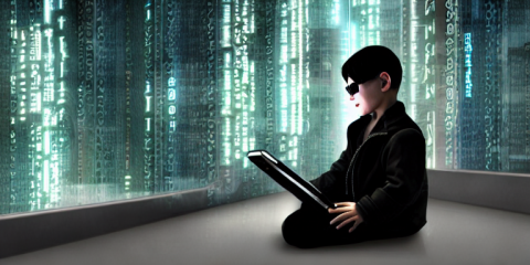 A child hacking the Matrix on a tablet