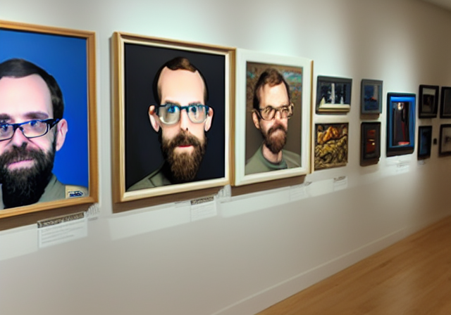 An art gallery with pictures of Noah, AI generated